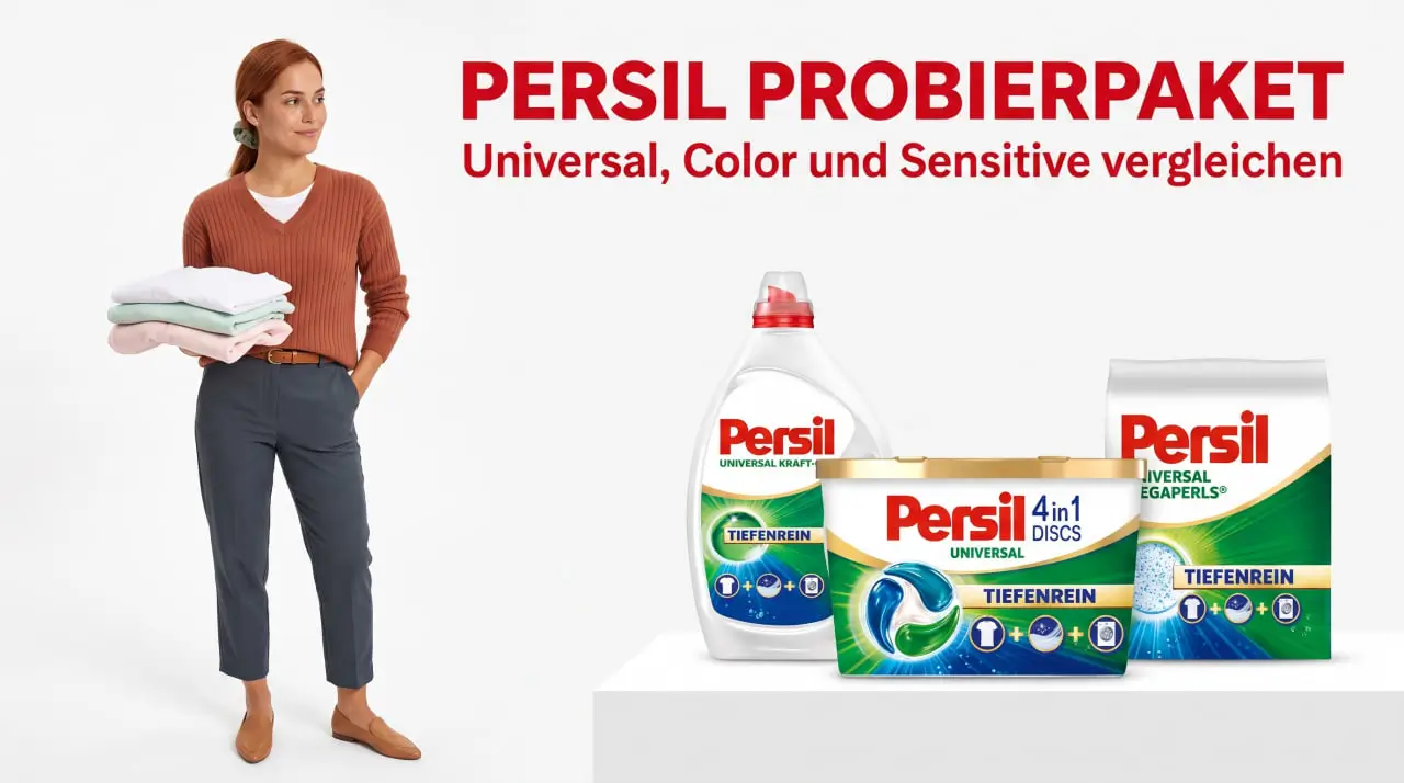 Persil Probierpaket gratis anfordern: Probierset mit Discs, Megaperls und Kraft-Gel nebeneinander